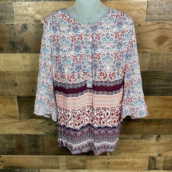 Nine West Tunic Blouse Round Neck Brown Orange Blue Hidden Button Front Medium - Picture 11 of 11